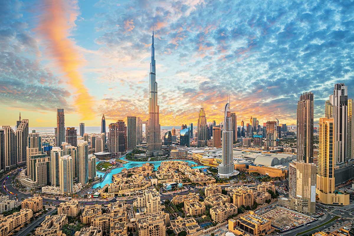 United Arab Emirates holidays from Australia — the Burj Khalifa above the Dubai skyline at dusk